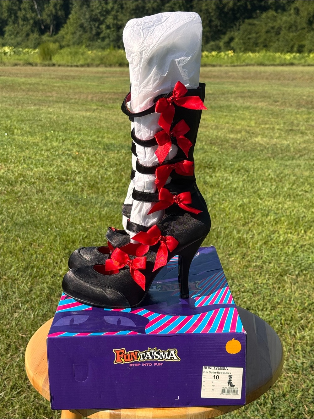 Ladies Funtasma Black High Heel Boots with Red Ribbon Bows